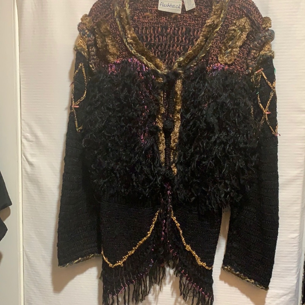 RARE/UNIQUE VINTAGE FLASHBACK RETRO SZ L FUZZY KNIT JACKET:BLACK/MULTI+ FRINGE - Picture 1 of 12
